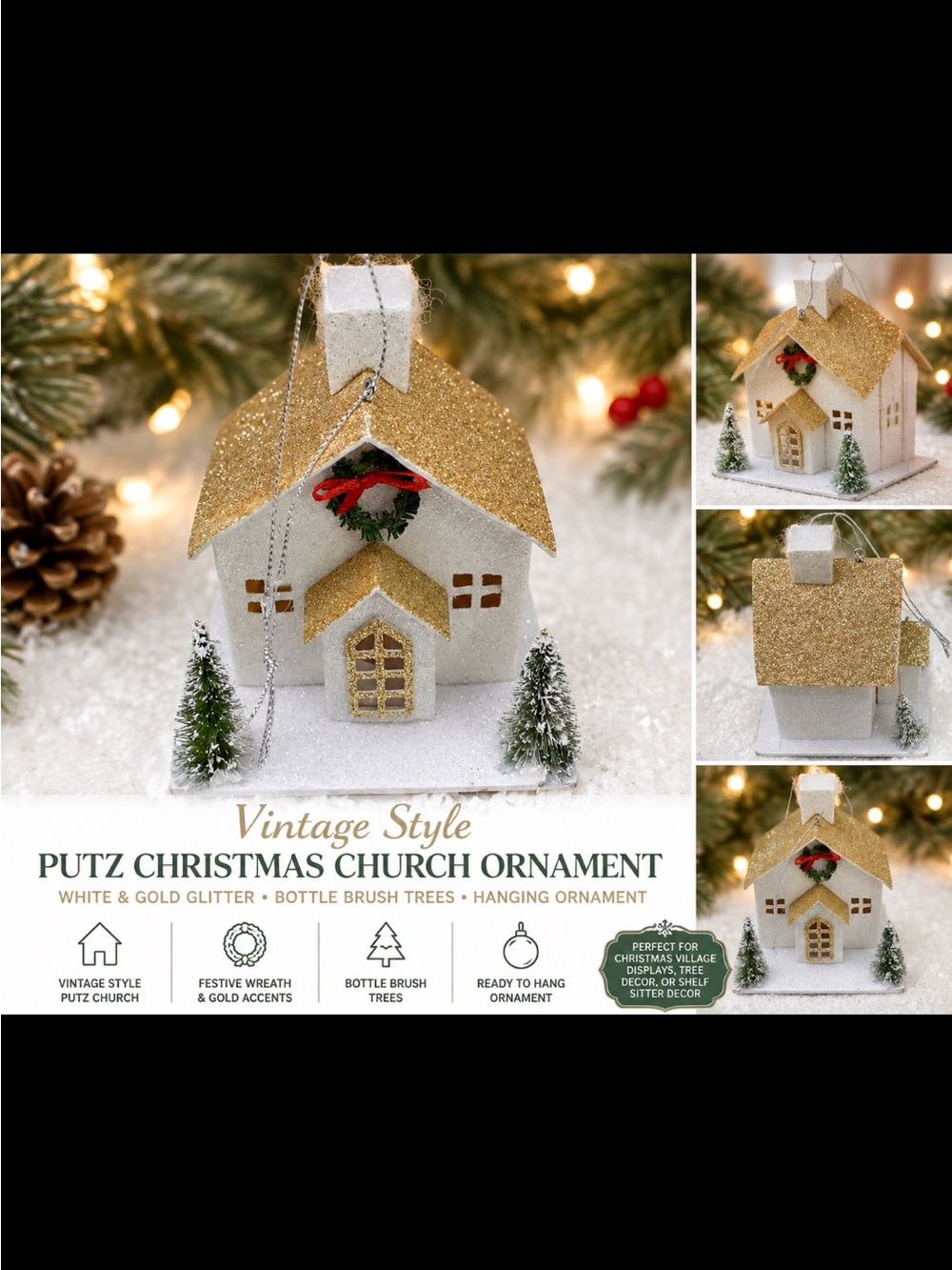 Vintage-Style Christmas Church Ornament - White & Gold